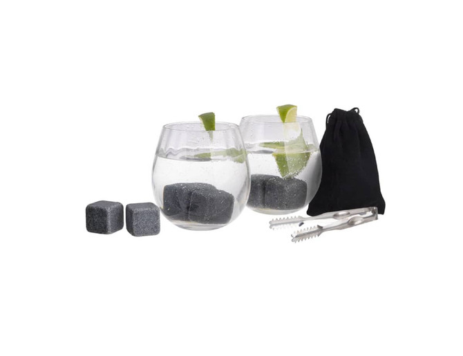 A drink set featuring two clear glasses with drinks, grey ice cubes, tongs, and a black storage pouch.