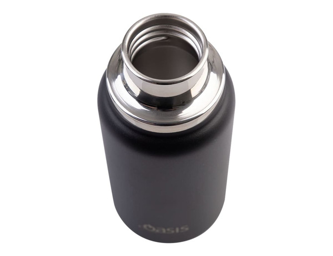 A drink bottle with a sleek matte black finish and a stainless steel opening, featuring a branding logo.
