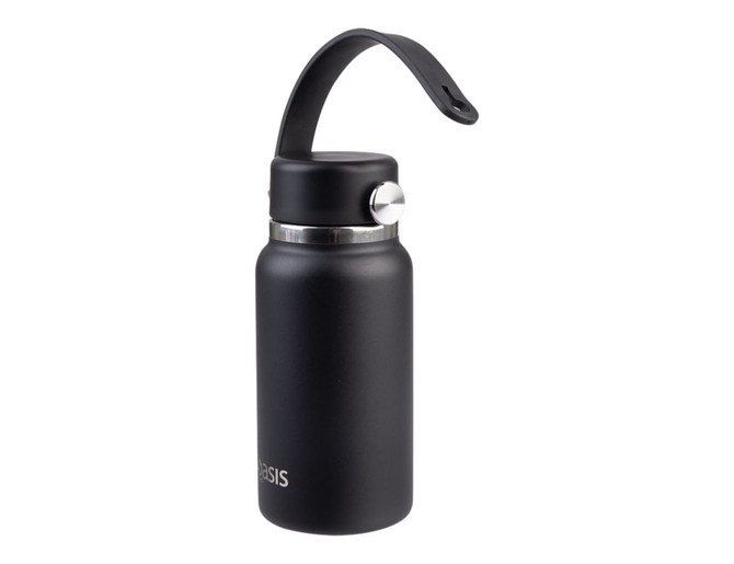 A drink bottle in matte black with a silver cap and a carrying strap. It features a logo on the side.