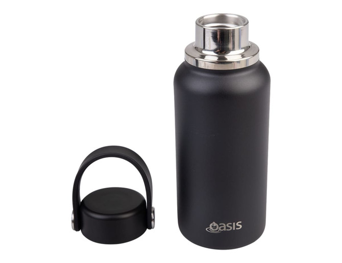 A drink bottle in matte black with a stainless steel cap and a carrying handle. It features a logo.