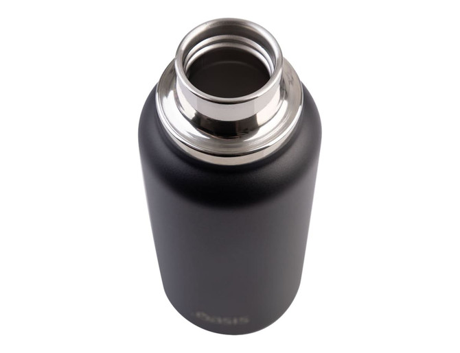 A drink bottle with a matte black finish and a stainless steel neck, featuring a logo on the side.