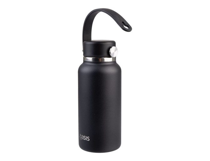 A drink bottle in matte black, featuring a stainless steel cap and a carrying strap. It includes a logo.
