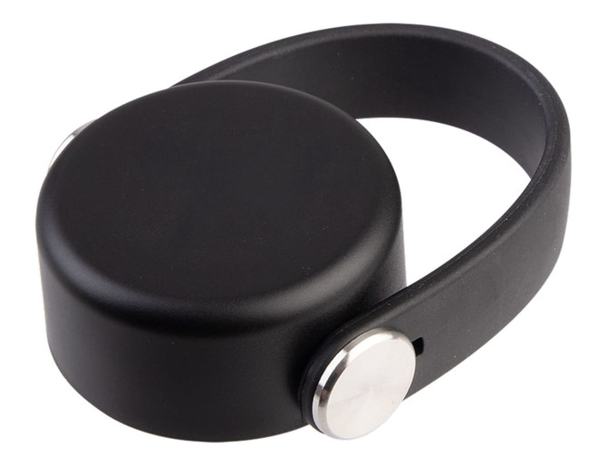 A drink bottle lid in black with a silver button, featuring a handle for easy carrying.
