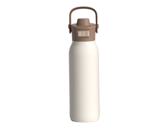 A drink bottle with a sleek white body and a brown lid, featuring a dual spout and a handle.