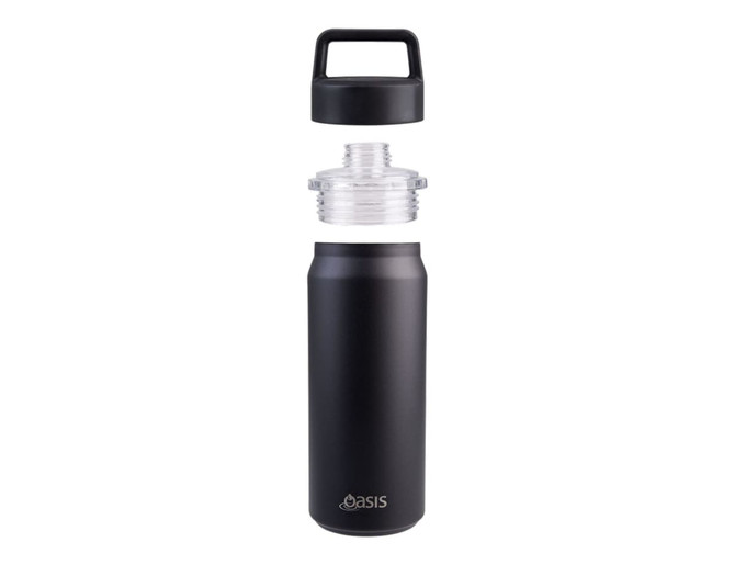 A drink bottle with a matte black finish, featuring a chug spout and a transparent screw-on lid, includes a logo.