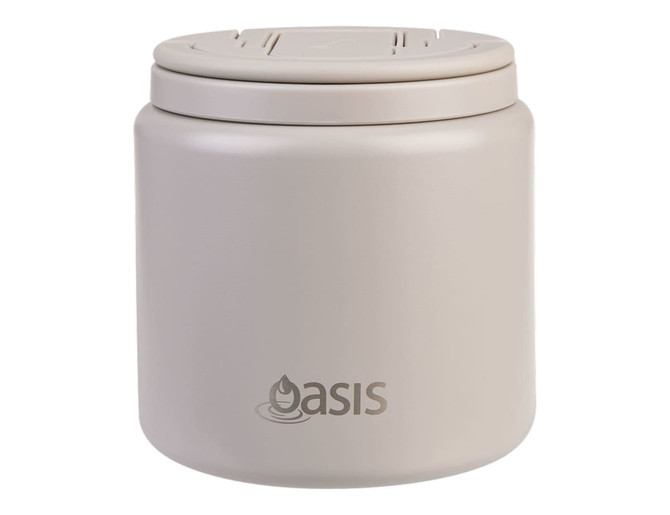 A food flask with a quick-release lid and spork, in a light beige colour, featuring a logo.
