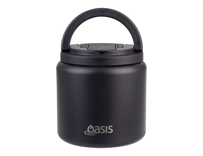 A food flask in matte black with a quick release lid, spork, and a carry handle. It features a logo.