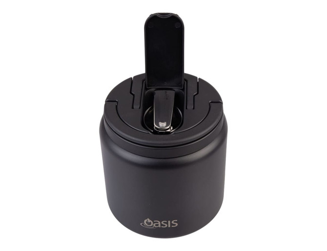 A black food flask with a quick release lid and spork, featuring a simple design and a logo.