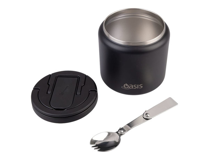 A food flask with a matte black exterior, a quick release lid, and a stainless steel spork. It has a logo present.