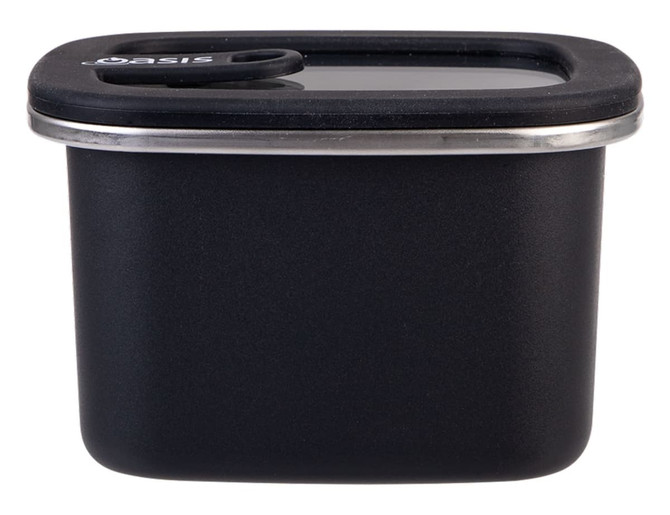 A rectangular black stainless steel container with a clear lid and a sealing mechanism. Features a logo on the side.