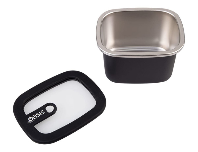 A stainless steel rectangular container in black with a clear and black lid, featuring a logo.