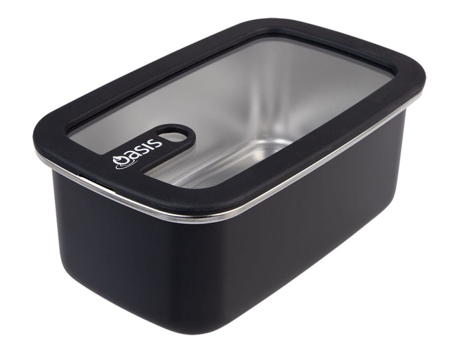 A rectangular stainless steel container with a black exterior and transparent lid, featuring a logo. 