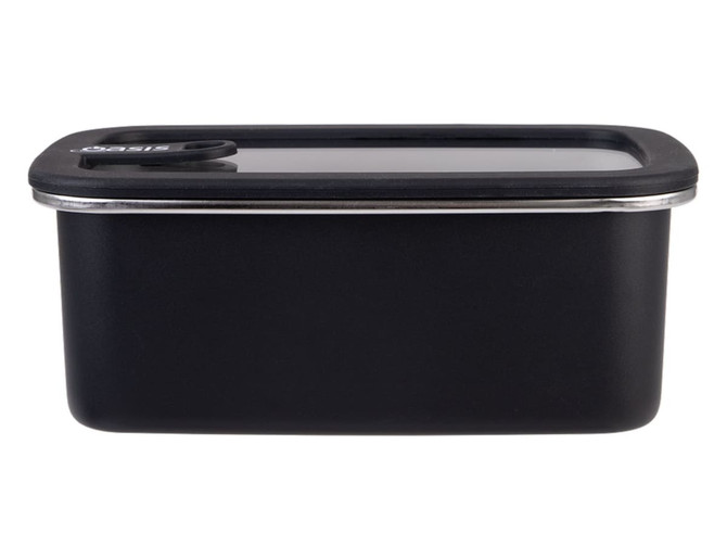 A rectangular black stainless steel container with a transparent lid, featuring a logo. Capacity of 1.1L.