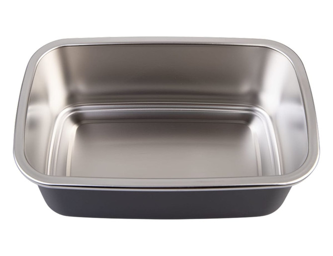 A rectangular stainless steel container in silver and black, designed for microwave use, with a clean interior.