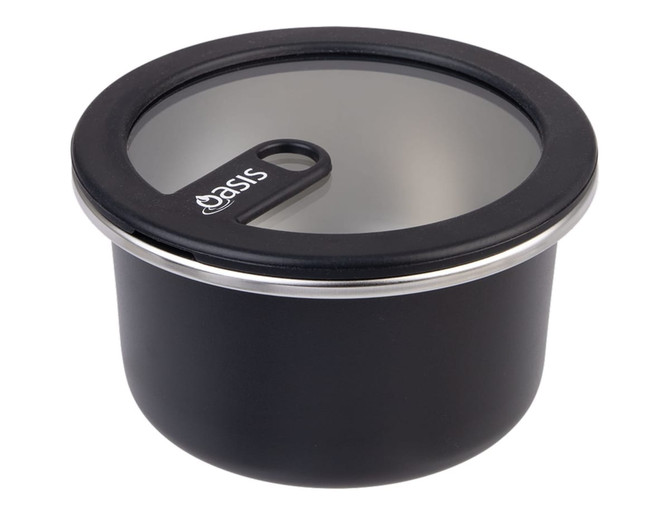 A round, black stainless steel container with a clear lid, featuring a logo on the side.