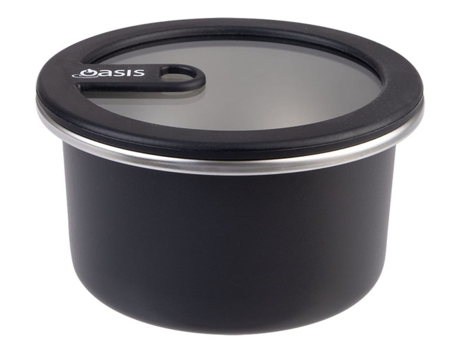 A round black stainless steel container with a clear lid, featuring a logo. Capacity of 680ml.