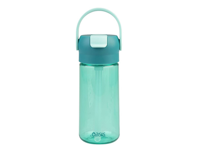A drink bottle featuring a teal lid and a transparent mint green body, with a handle and a logo.