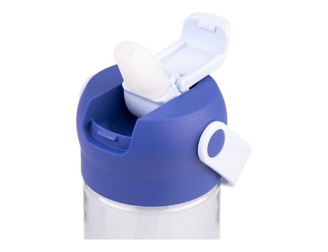 A drink bottle with a blue lid and a flip-open spout for easy sipping, featuring a logo on the side.