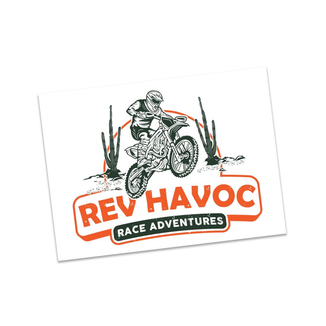 A promotional design featuring a motorcyclist and desert plants, with green, orange, and white colours. It has a logo.