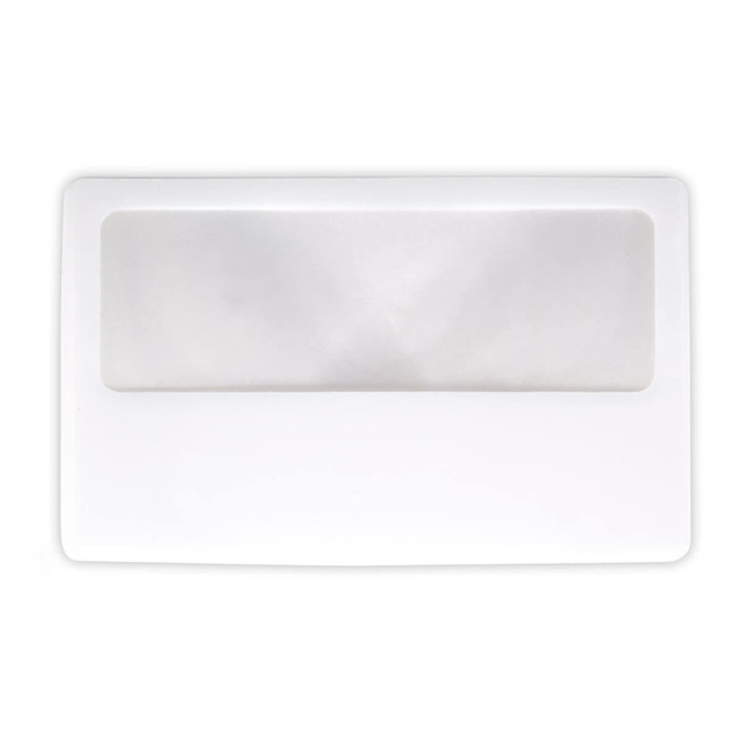 A credit card magnifier with a clear lens and a sleek white frame.