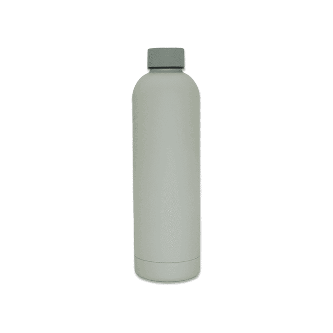 A drink bottle in a sleek, matte grey colour with a screw-top lid and branding visible.