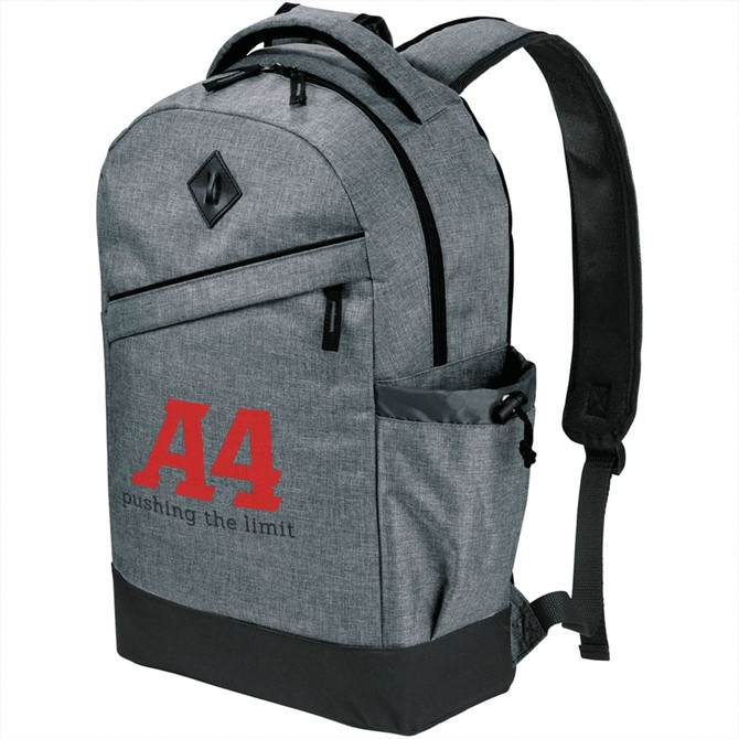 A grey and black laptop backpack with a logo, featuring adjustable straps and side pockets.