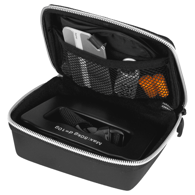 A black zippered travel set case containing various travel accessories, including a drink bottle, tools, and organisation pockets.