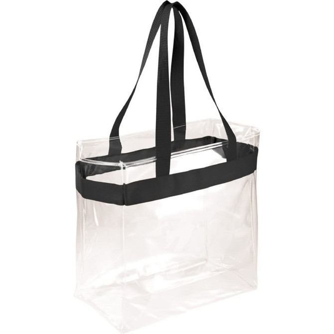 A clear tote bag with black straps, featuring a spacious interior and a simple design. It includes a logo.