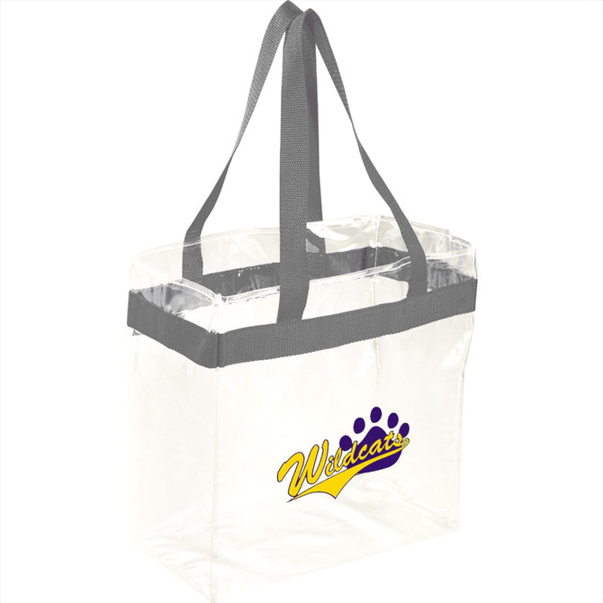 A clear tote bag with grey handles, featuring a logo on one side. Ideal for stadium use.