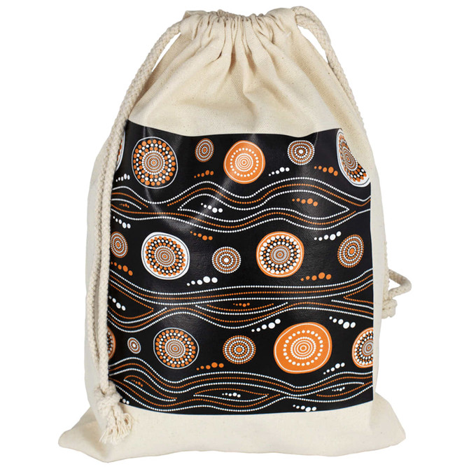 A cream drawstring bag with a black and orange abstract pattern, featuring a logo on the front.