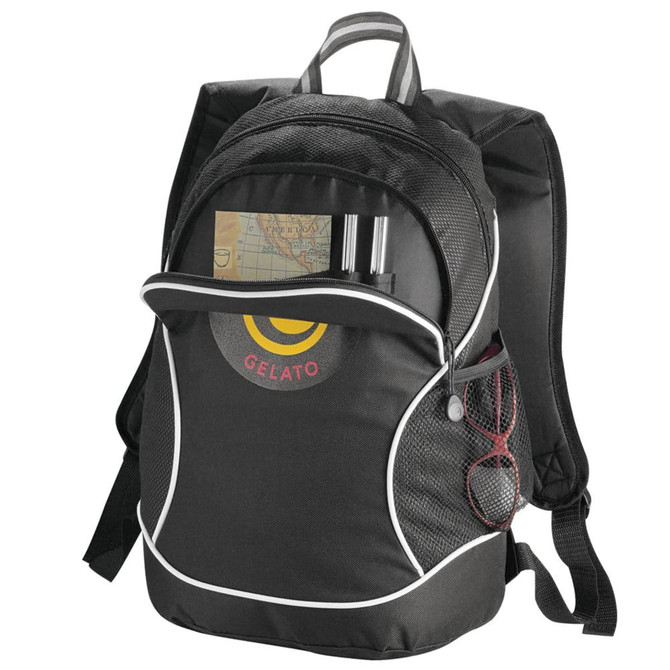 A black backpack with a mesh front pocket, featuring white accents and a logo. It has compartments for storage.