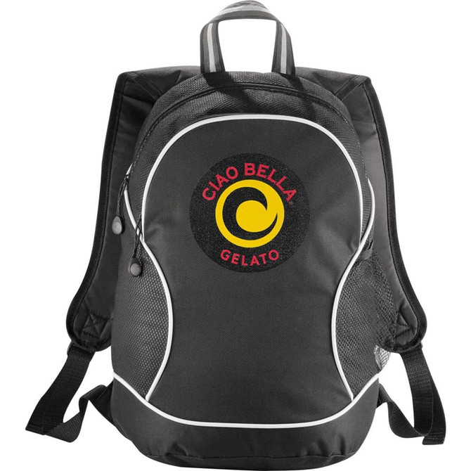 A black backpack with a circular logo featuring red and yellow accents, designed with mesh side pockets.