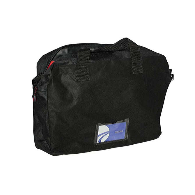 A black laptop bag with a handle and a transparent pocket on the front, featuring a logo.