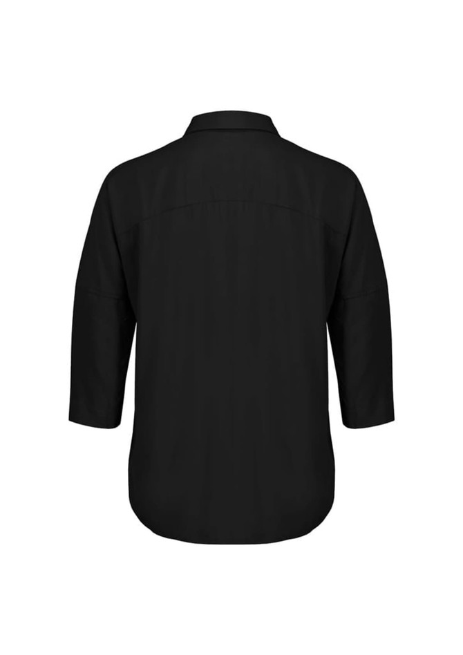 A black 3/4 sleeve blouse with a collar, featuring a back yoke detail and a loose fit. It has a simple design with no visible branding.