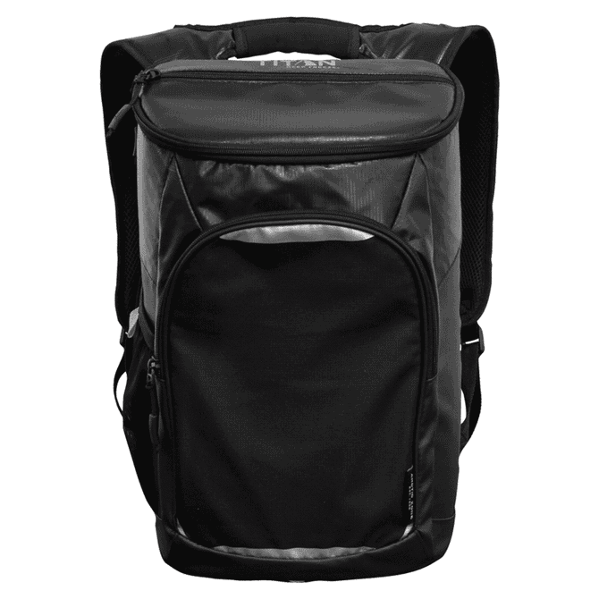 A black cooler backpack with a spacious main compartment, front pocket, and padded shoulder straps.