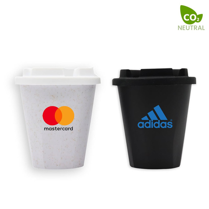 A drink bottle set featuring a white cup with a logo and a black cup with a logo, both styled as disposable coffee cups.