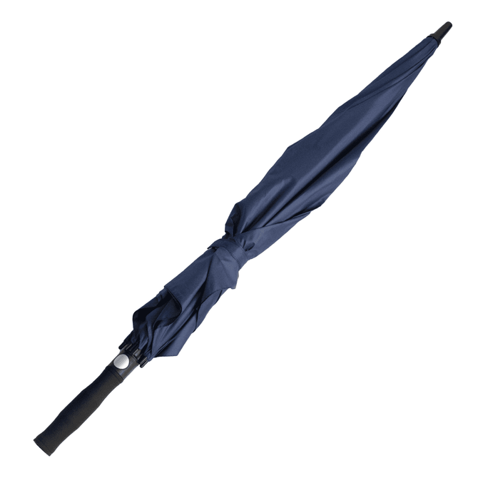 A navy blue umbrella with a black handle and a tied fabric closure. It has a logo on the handle.