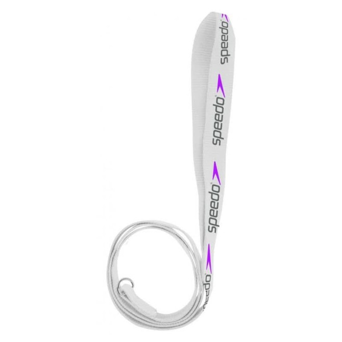 A white dog leash featuring a patterned design in purple, with a looped handle and a branding logo.