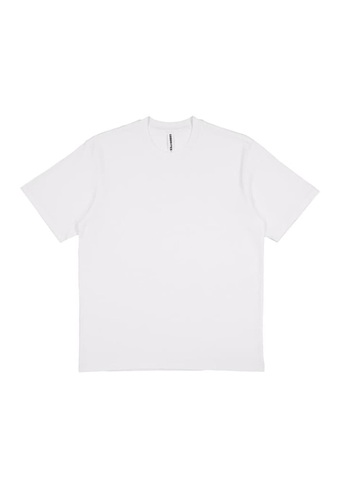 A white box tee featuring a classic crew neck and short sleeves, with a brand logo on the inside label.