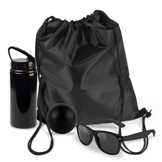 A water bottle, a drawstring backpack, a black ball, and a pair of sunglasses are featured in the Little Legends Pack.