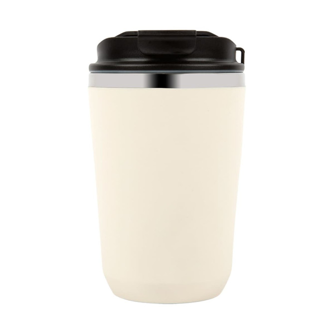 A cream-coloured drink bottle with a black lid and a silver band near the top. It features a logo.