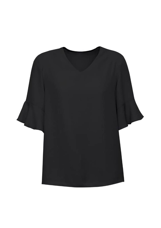 A black fluted sleeve blouse with a V-neck design. The blouse features stylish ruffled sleeves and has a logo.
