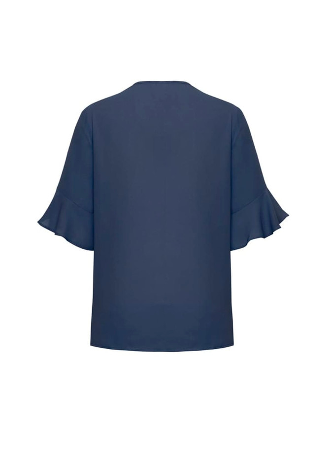 A navy women's blouse with fluted sleeves, featuring a simple, elegant design and a back view.