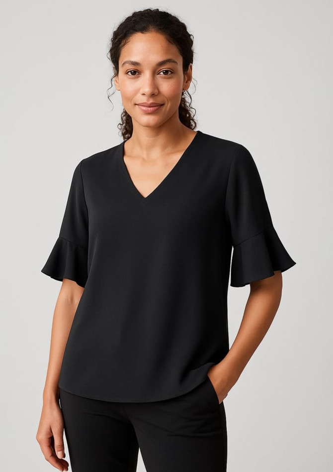 A black fluted sleeve blouse with a V-neckline, featuring a relaxed fit and a subtle sheen.