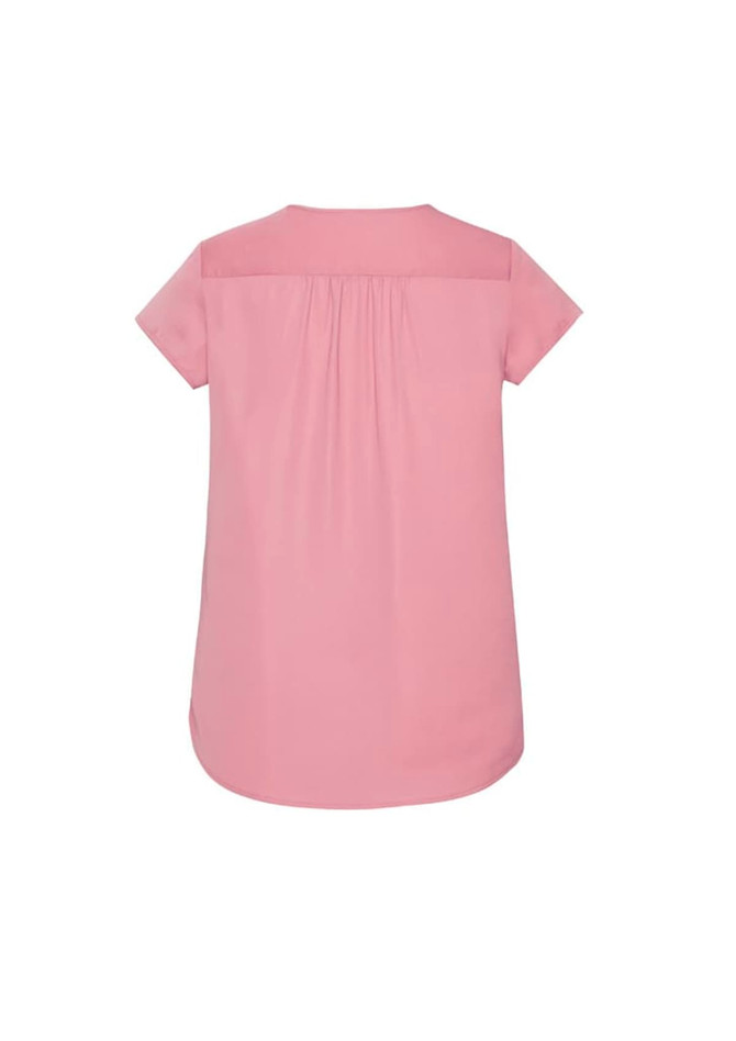 A pink women's V-neck blouse with short sleeves and pleat detailing at the back. The design is simple and elegant.