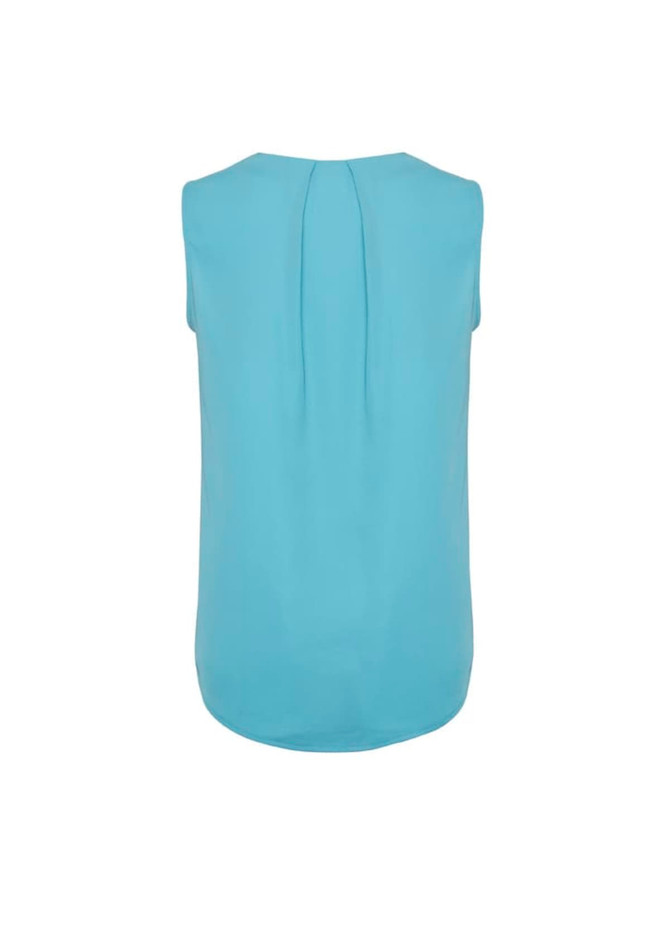 A sleeveless blouse in light blue with pleat detailing at the back. It features a smooth, flowing fabric.