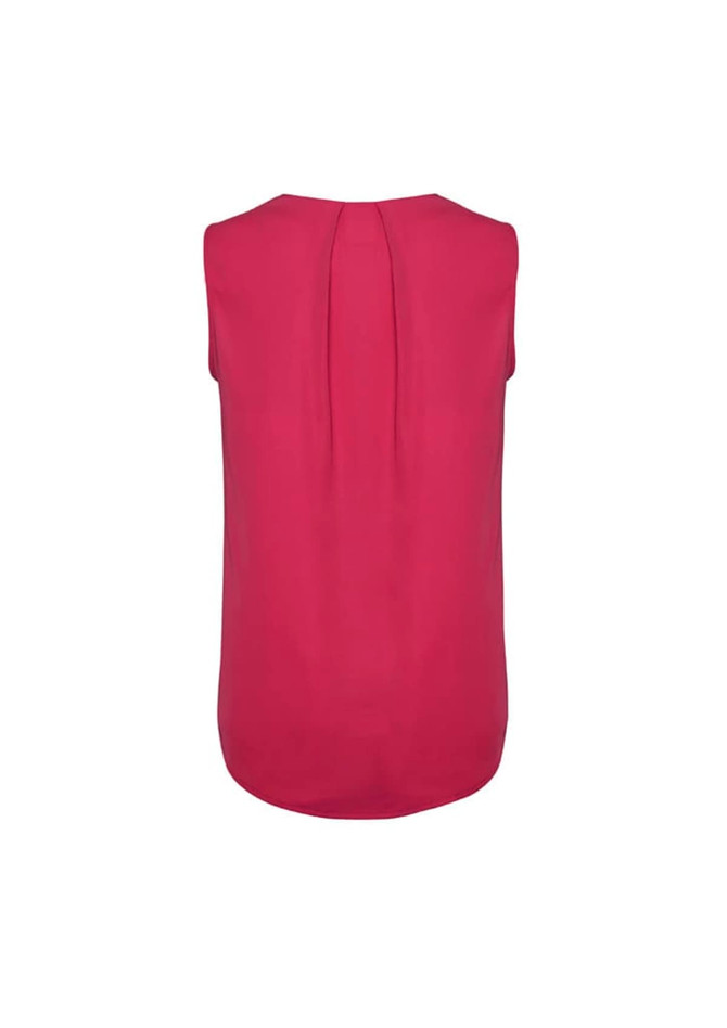 A sleeveless blouse in vibrant magenta with pleat detail at the back, featuring a smooth, flowing design.