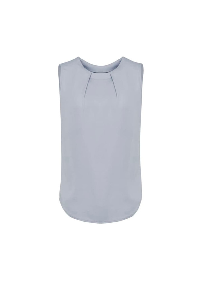 A light blue sleeveless blouse featuring pleat detail at the front and a rounded neckline. Designed with a smooth finish.