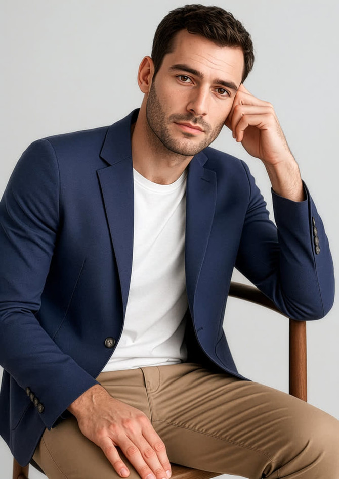 A navy blue men's blazer worn over a white t-shirt, paired with tan trousers, featuring a logo on the blazer.