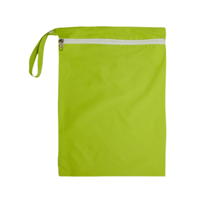 A lime green zippered bag with a handle, featuring a white zipper across the top. It has a smooth fabric finish.
